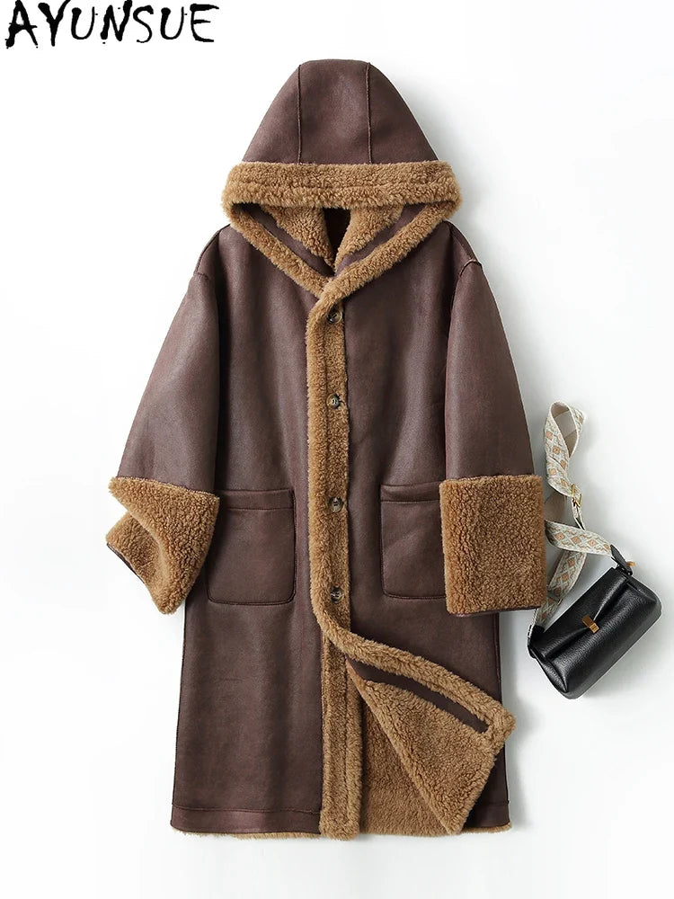 Women's long teddy-fleece coat with hood and button closure, winter jacket
