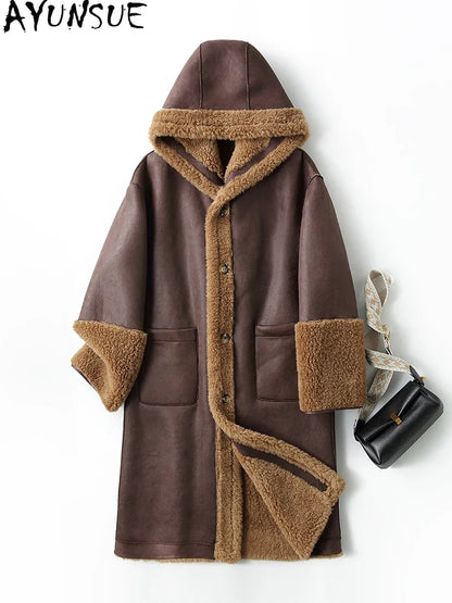 Women's long teddy-fleece coat with hood and button closure, winter jacket