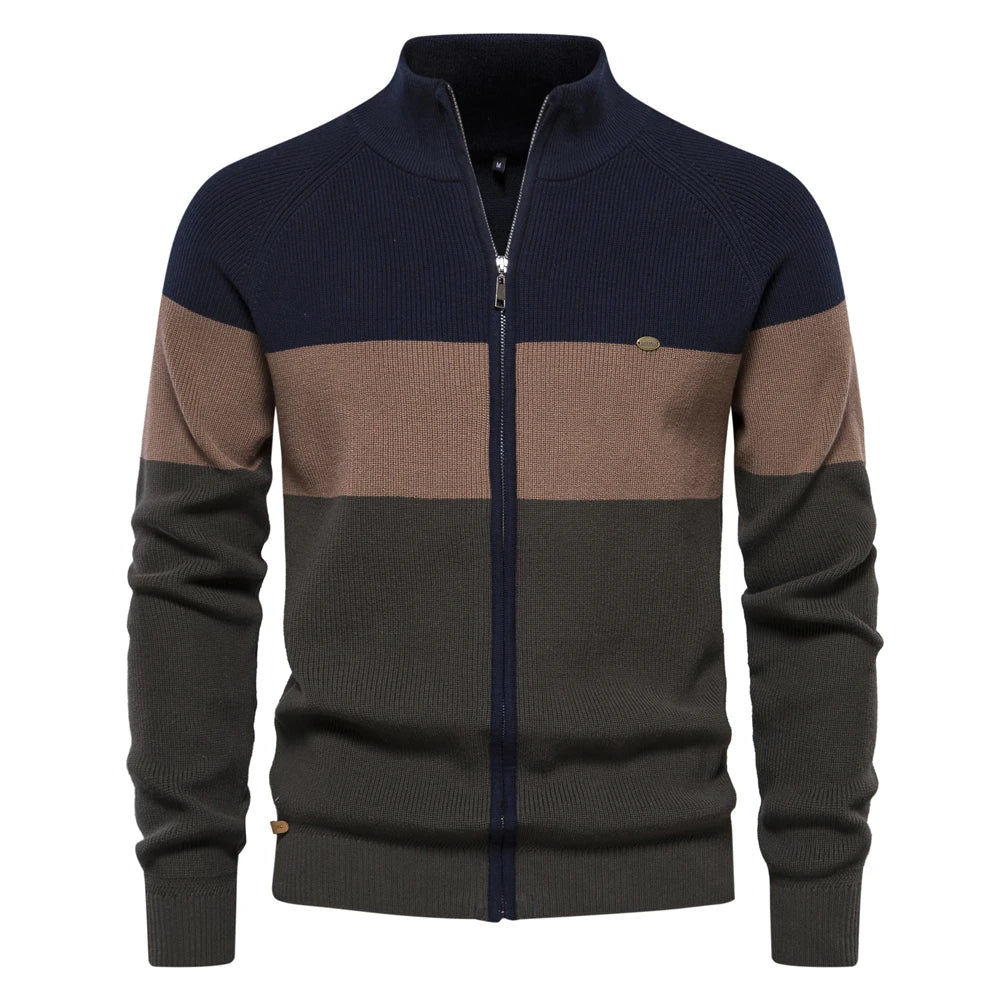 Men's zip-up cardigan with stand collar and color-block design