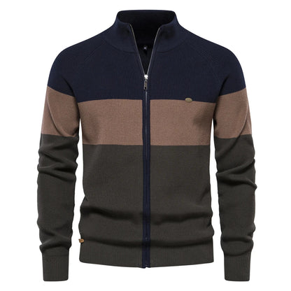 Men's zip-up cardigan with stand collar and color-block design