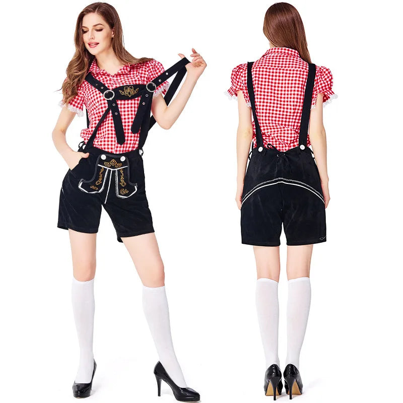 Women's Oktoberfest costume set: dirndl, lederhosen shorts, and checked shirt