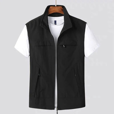Men's vest with stand-up collar, zipper, and multiple pockets
