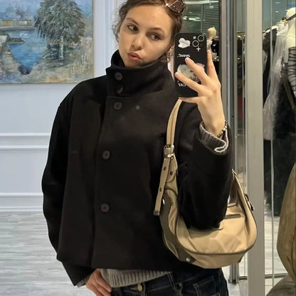 Kurze Damen Übergangsjacke mit Stehkragen und weiten Ärmeln, meliert