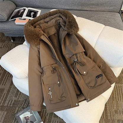 Women's winter parka with hood, faux-fur lining, drawstring, warm jacket