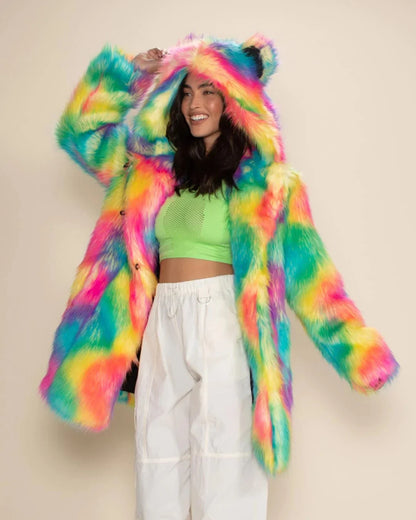 Colorful teddy plush coat with hood and ears, rainbow colors