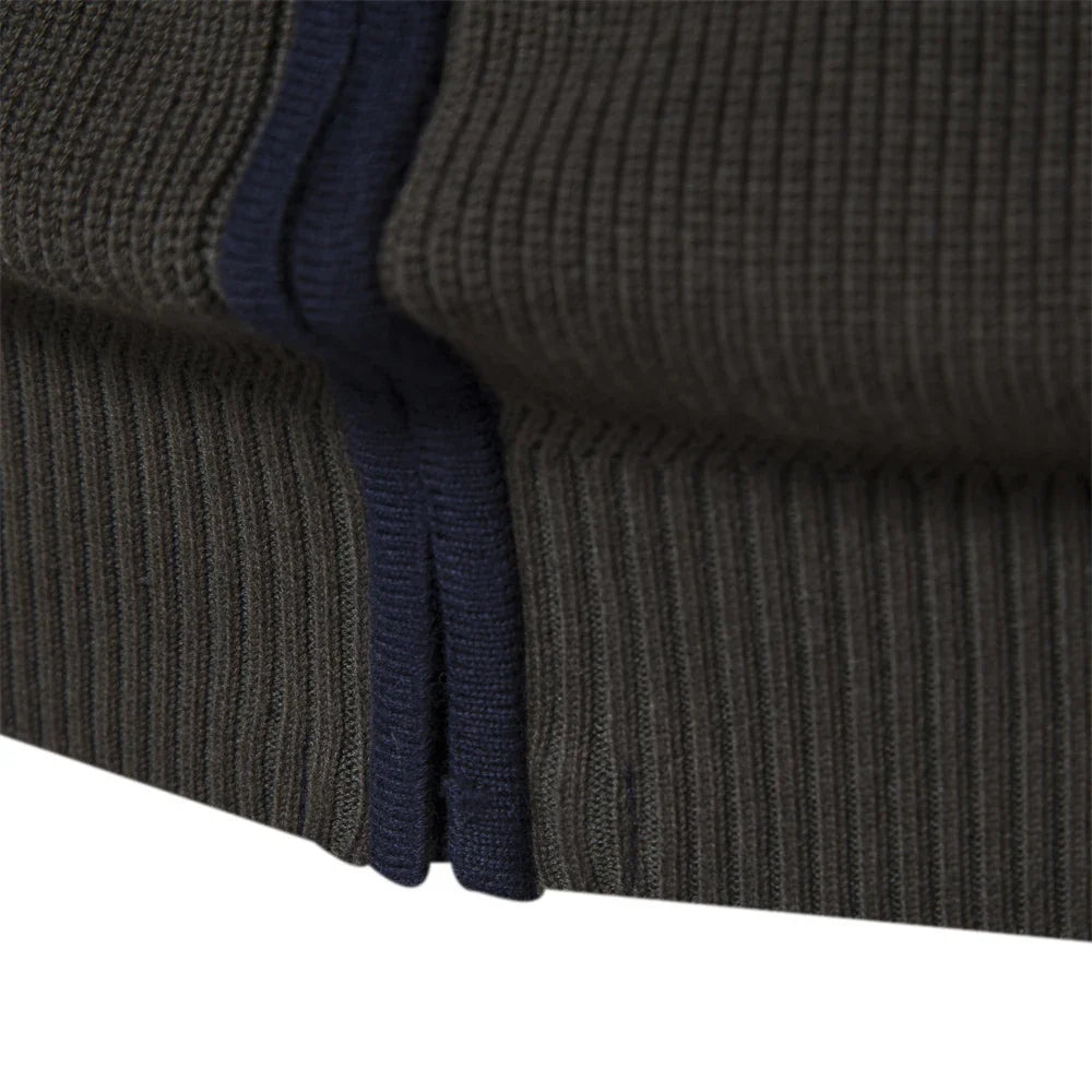 Men's zip-up cardigan with stand collar and color-block design