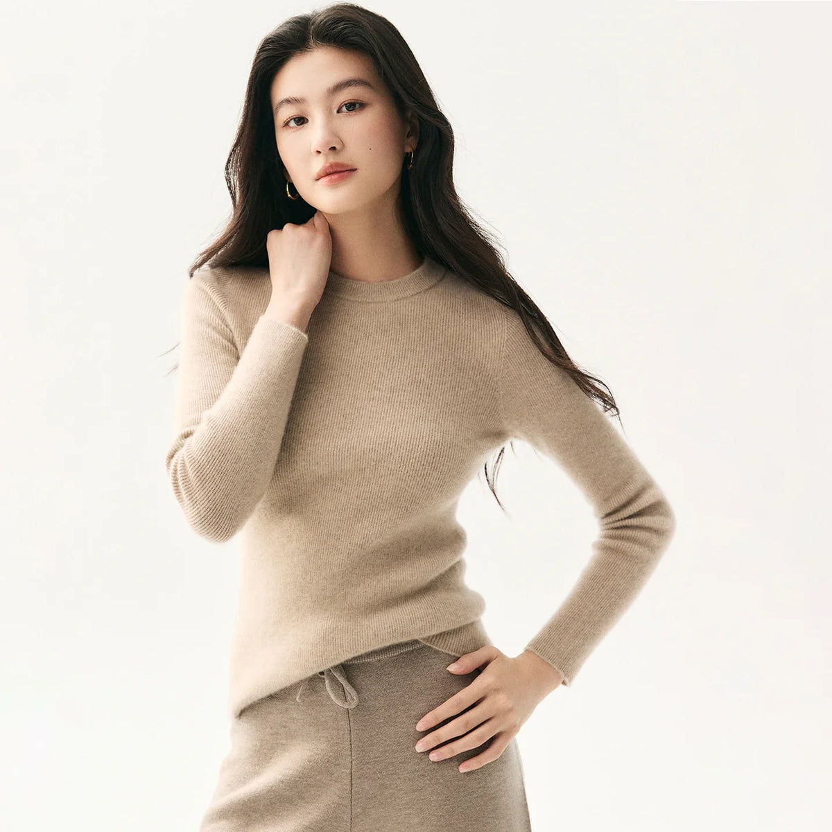 Damen Pullover Rundhals Langarm Gerippter Saum in verschiedenen Farben