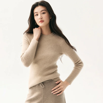 Damen Pullover Rundhals Langarm Gerippter Saum in verschiedenen Farben
