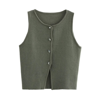 Damen Ärmelloses Stricktop mit Rundhals und Knopfleiste Kurz geschnitten