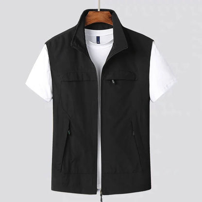 Men's vest with stand-up collar, zipper, and multiple pockets
