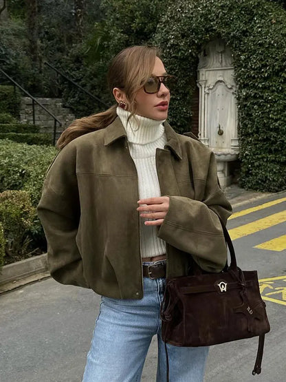 Women's cropped short transition jacket with lapel collar and long sleeves