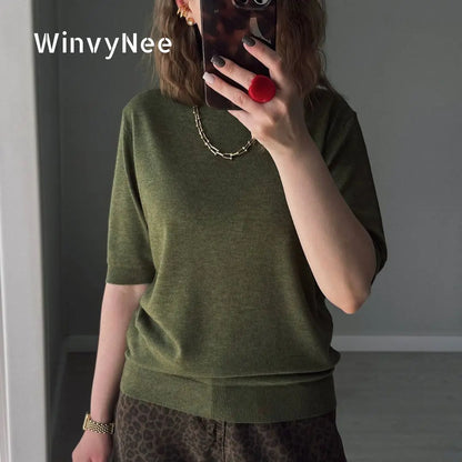 Damen Kurzarm Strickpullover Rundhals Rippbündchen