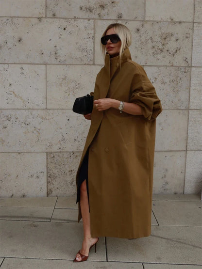Damen Langer Trenchcoat Oversize mit hohem Kragen Schwarz