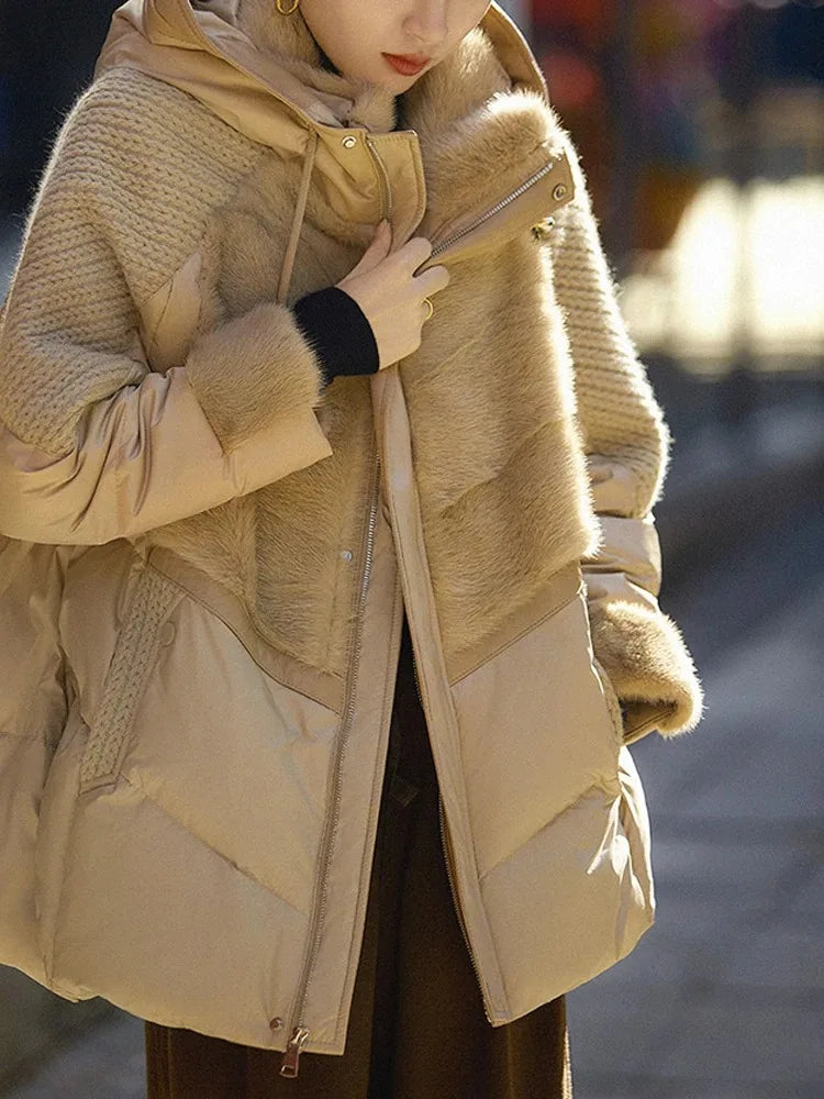 Quilted women's winter jacket with hood, faux fur, knit details