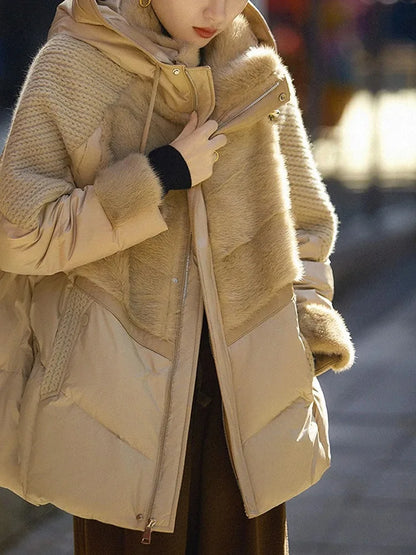 Quilted women's winter jacket with hood, faux fur, knit details