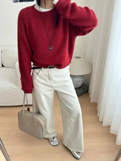 Women's Crew-Neck Knit Sweater with Ribbed Sleeves