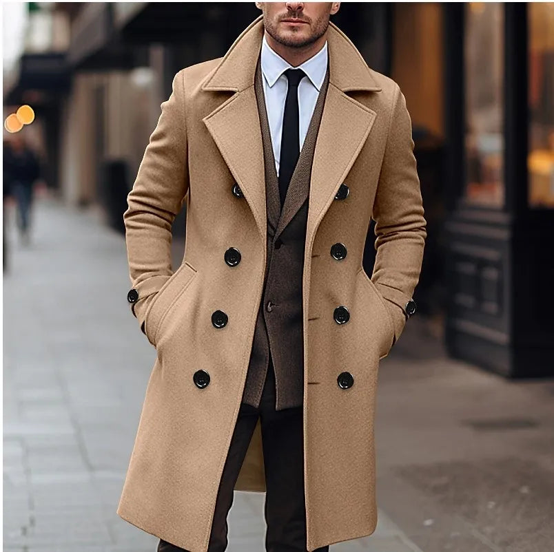 Herren Mantel Zweireiher Langer Trenchcoat Eleganter Wintermantel
