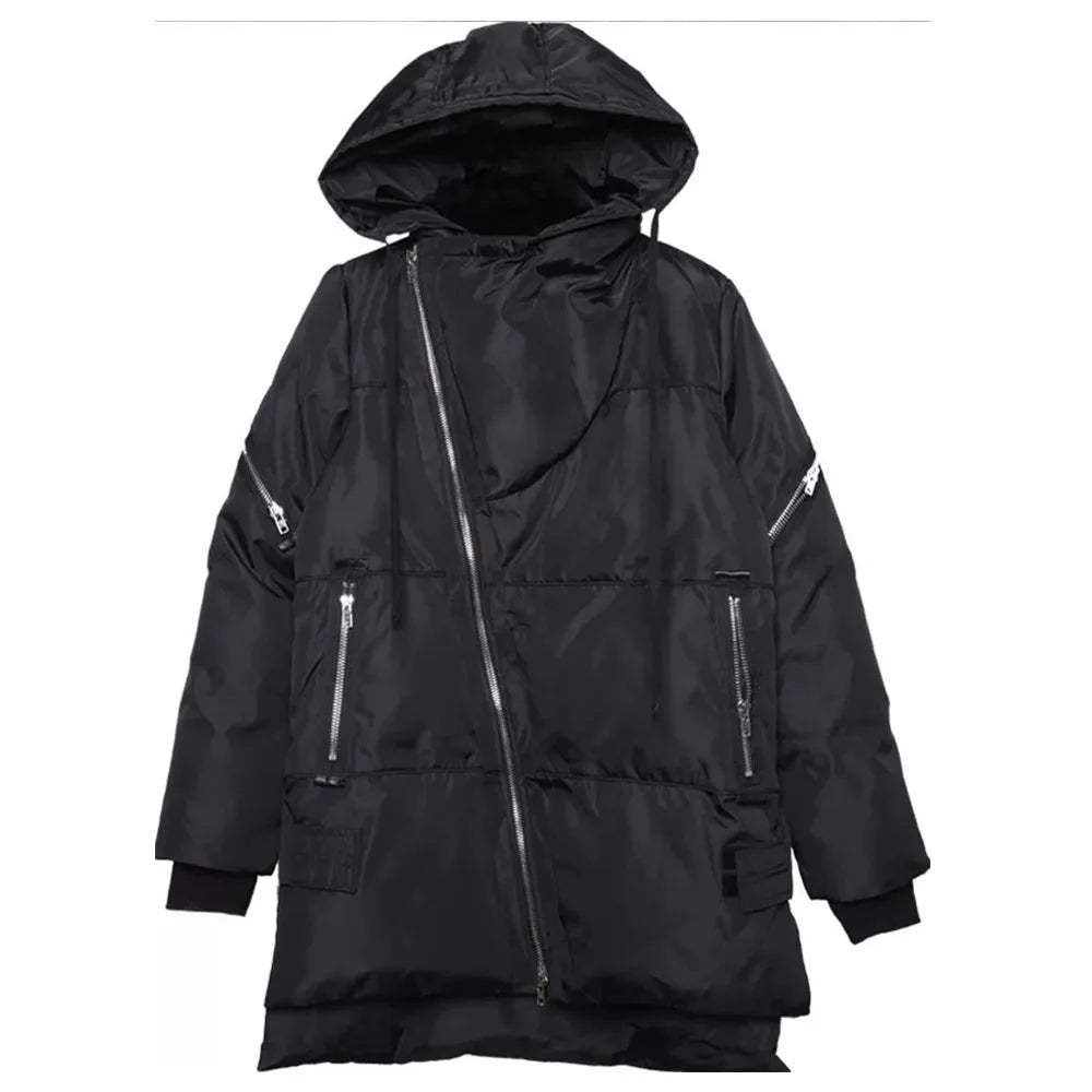 Unisex quilted winter jacket with hood, zippers and long sleeves, Black