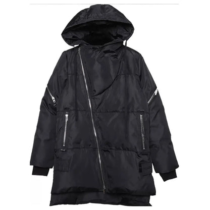 Unisex quilted winter jacket with hood, zippers and long sleeves, Black