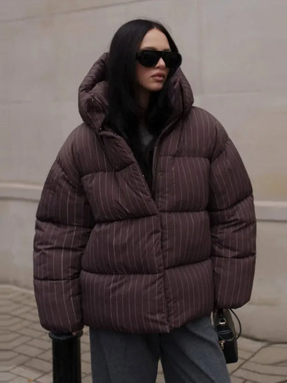 Damen Pufferjacke gestreift mit Kapuze Schwarz