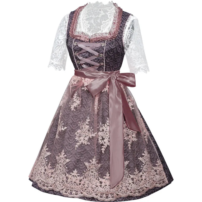 Dirndl Damen Grau-Rosa Spitze Trachtenkleid 3-teilig