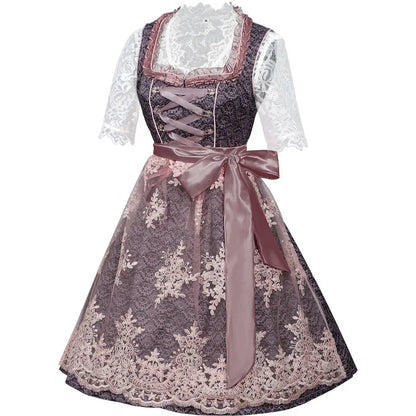 Dirndl Damen Grau-Rosa Spitze Trachtenkleid 3-teilig