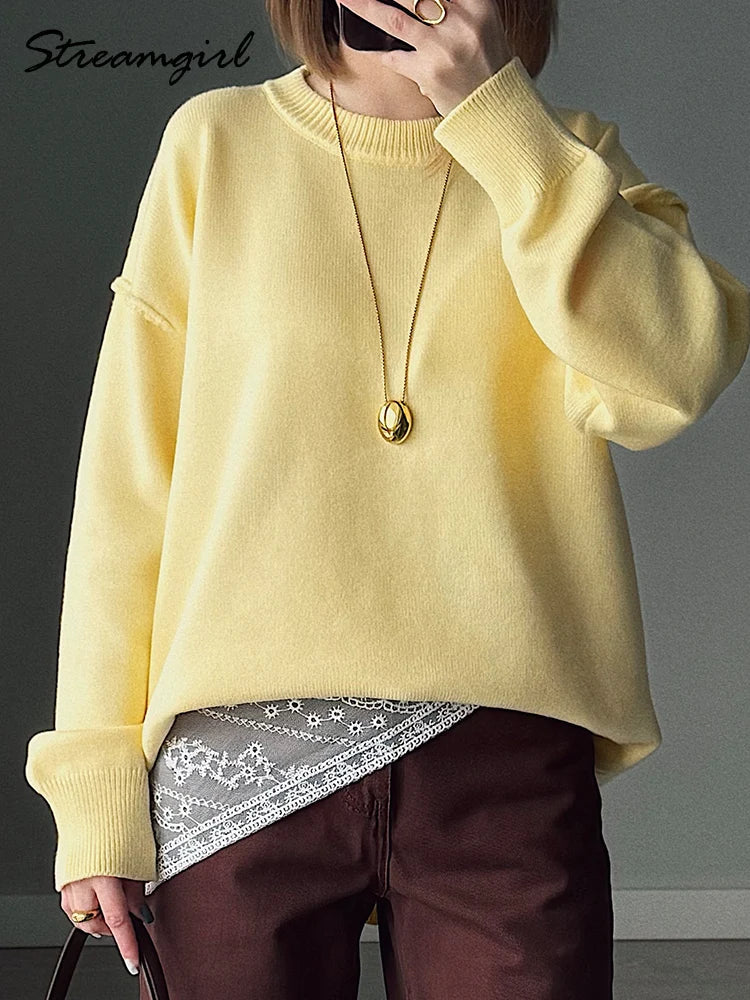 Women's Soft Oversized Crew Neck Long-Sleeve Knit Sweater Yellow