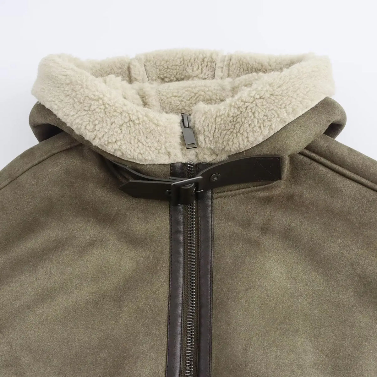 Gefütterte Jacke mit Kapuze, Grün, Veloursleder-Optik