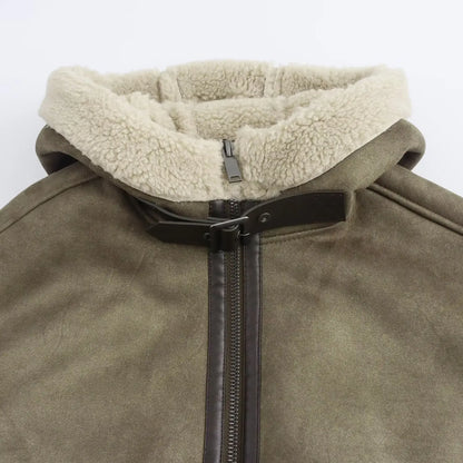 Gefütterte Jacke mit Kapuze, Grün, Veloursleder-Optik