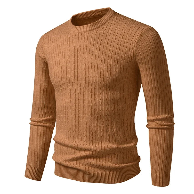 Men's knitted crew-neck cable-knit long-sleeve sweater