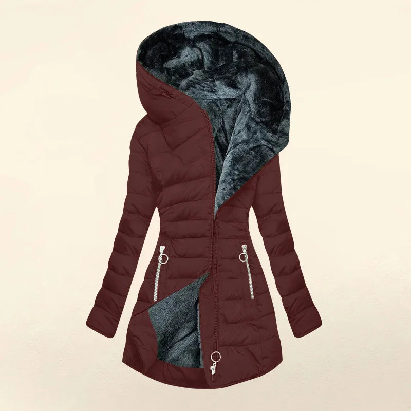 Women's long-sleeved padded winter jacket with hood