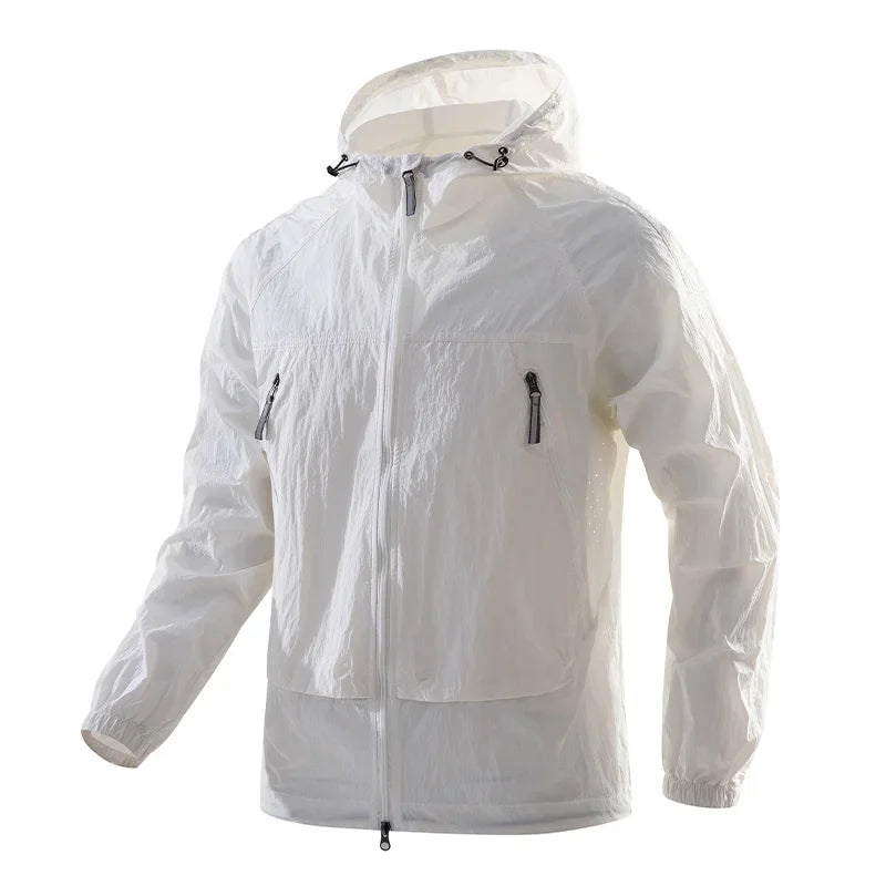 Lightweight hooded windbreaker jacket with zipper, for outdoor use