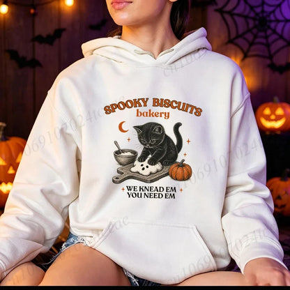 Halloween cat motif hoodie with kangaroo pocket, unisex