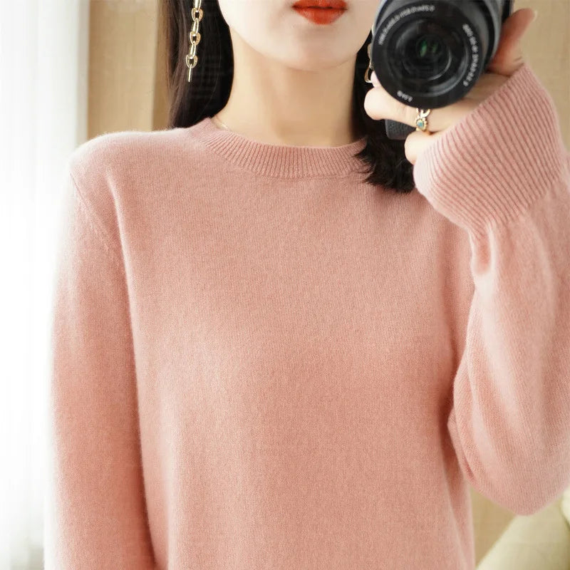 Damen Rundhals Pullover Langarm Basic Strickpullover