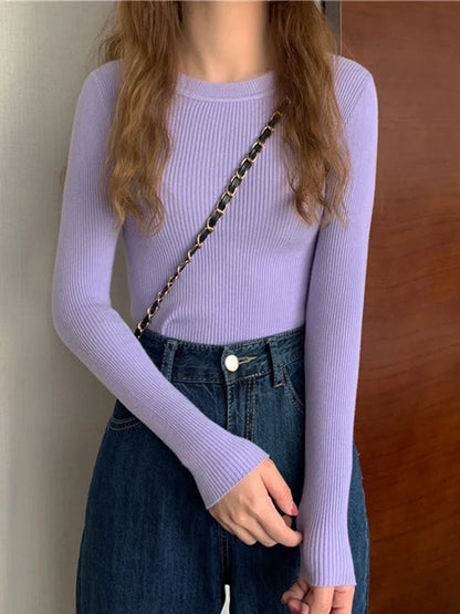 Women's ribbed long-sleeve sweater, crew neck, top
