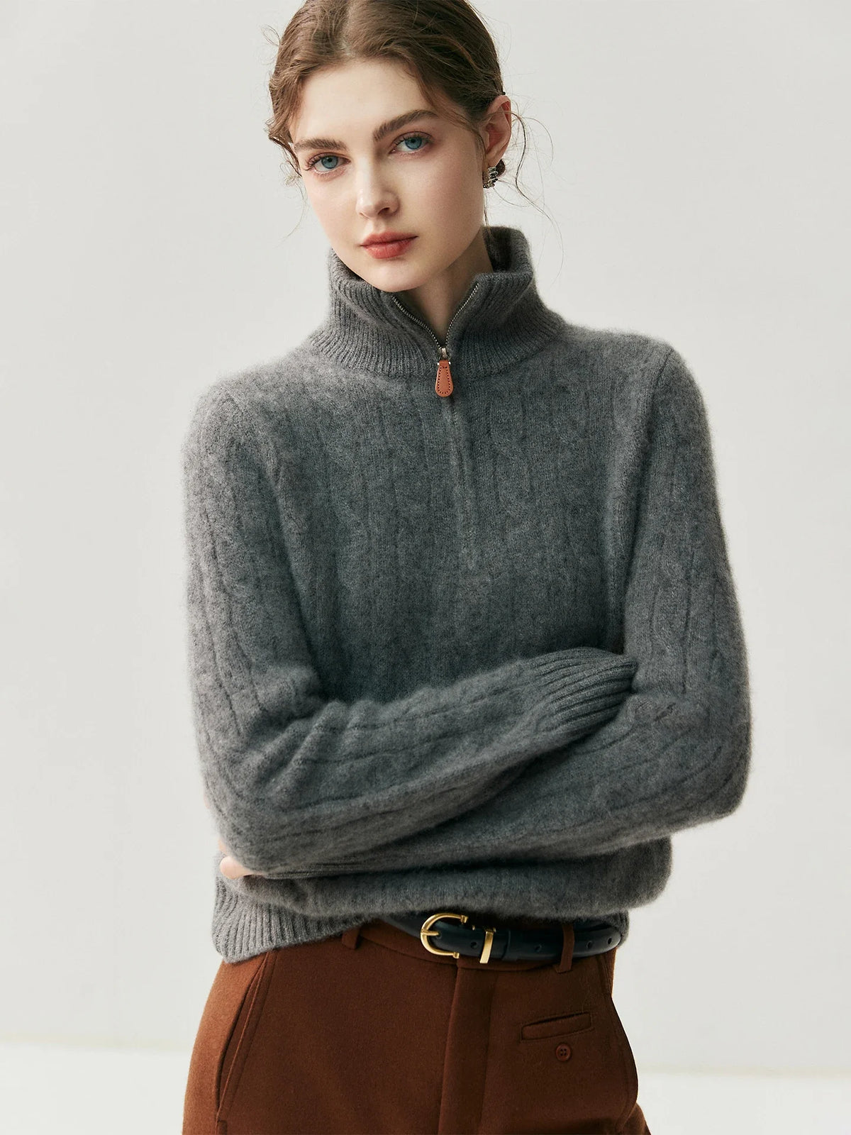 Women's cable-knit sweater with zipper, high collar, gray