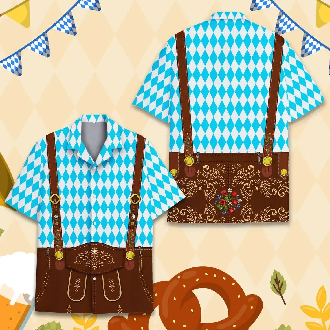 Kurzarm Hemd im Trachten-Design mit Lederhosen-Motiv und Bierkrügen