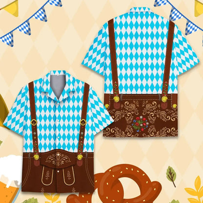 Kurzarm Hemd im Trachten-Design mit Lederhosen-Motiv und Bierkrügen