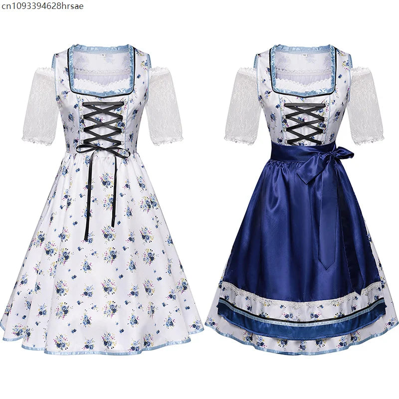 Blue and white dirndl traditional dress with floral pattern & apron