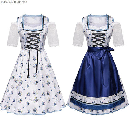 Blue and white dirndl traditional dress with floral pattern & apron