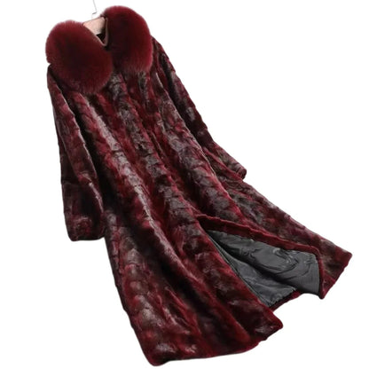 Damen Mantel Lang Fellimitat Kragen Bordeaux-Rot