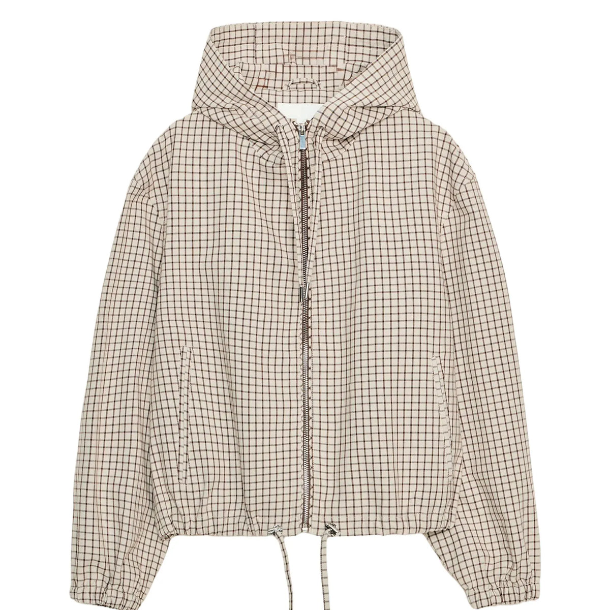 Karierte Kapuzenjacke Damen Beige Braun mit Reißverschluss