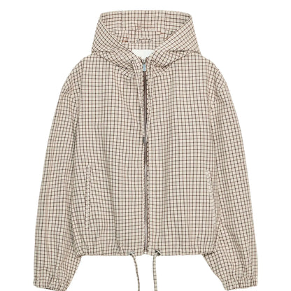 Karierte Kapuzenjacke Damen Beige Braun mit Reißverschluss