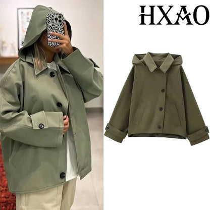 Kurze Jacke mit Kapuze für Damen, lockerer Schnitt, Khakigrün