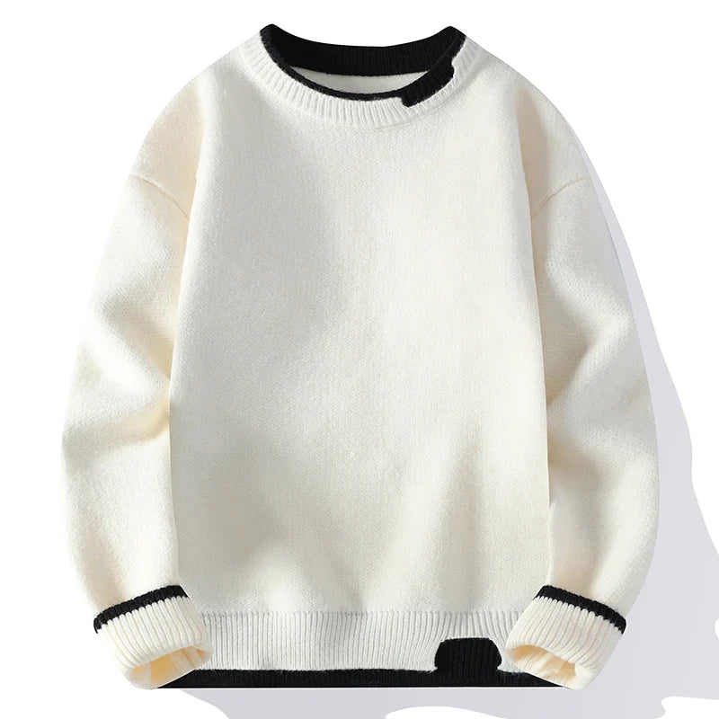 Unisex Two-Tone Crew-Neck Knit Sweater Pink Beige Black Gray Khaki Blue