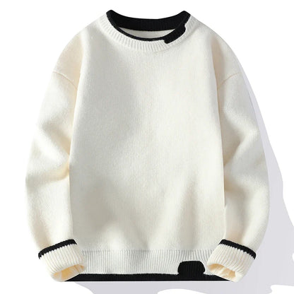 Unisex Two-Tone Crew-Neck Knit Sweater Pink Beige Black Gray Khaki Blue