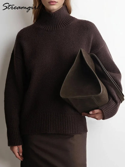 Women's oversized turtleneck knitted sweater long sleeves