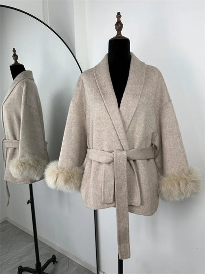 Short women's wrap coat with faux-fur sleeves and tie belt