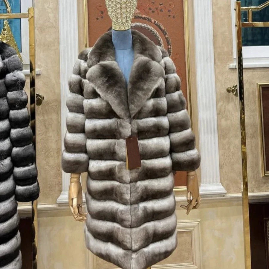 Women's Faux Fur Coat with Wide Collar and Striped Pattern