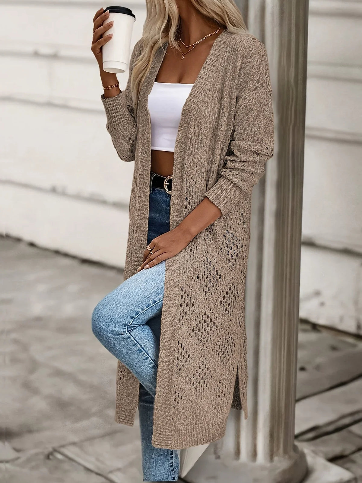 Long women's knitted cardigan, brown, open-knit pattern, open front